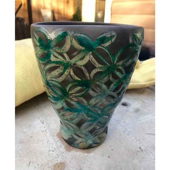 Oval RAKU Pottery Vase with Green Geometric Design - Picture 3 of 6